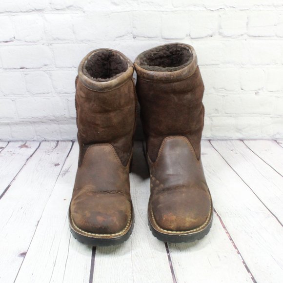 UGG Brown Leather Suede Sheepskin Lined Winter Boots Size 10 - Picture 5 of 9